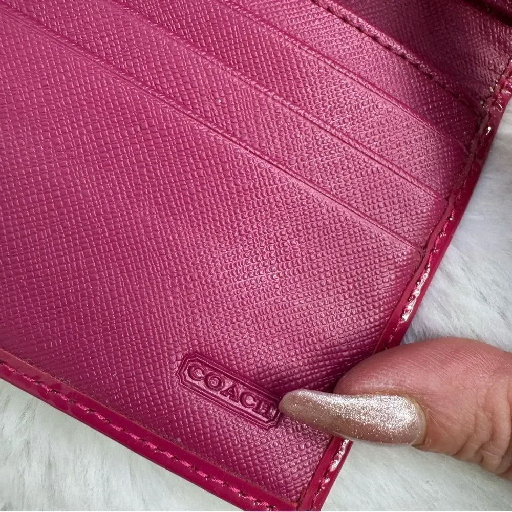COACH Laura Fuchsia Patent Leather Metal Logo Trifold Wallet